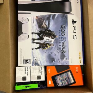 Target electronics liquidation pallet — mixed consoles, tablets, audio gear, and accessories in stretch-wrapped boxes