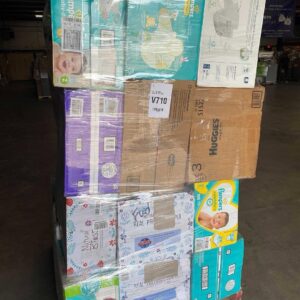 Diaper truckload — 24 pallets of brand-name diaper inventory including Pampers Swaddlers, Huggies Little Snugglers, Luvs, training pants, overnights, and wipes