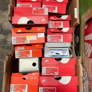 Authentic Nike sneakers pallet — 125 pairs of real Nike shoes mixed across Air Max, Jordans, Air Force 1, Nike Dunks, Blazers, Cortez, React, Zoom, and Shox models, mostly with original Nike boxes and tags, 60% Grade A new / 30% Grade B like-new / 10% Grade C refurbished