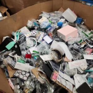 Amazon jewelry pallet — 8,000-10,000 pieces of fashion jewelry including necklaces, bracelets, earrings, rings, and watches stacked on a wrapped pallet