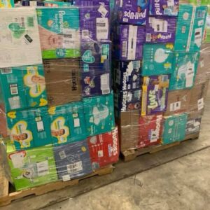 Diapers pallet — single pallet of brand-name diaper inventory including Pampers Swaddlers, Huggies Little Snugglers, Luvs, training pants, and store brands