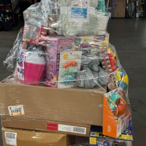Target toys liquidation pallet — stacked sealed cartons of mixed brand-name toys from Target store closeouts