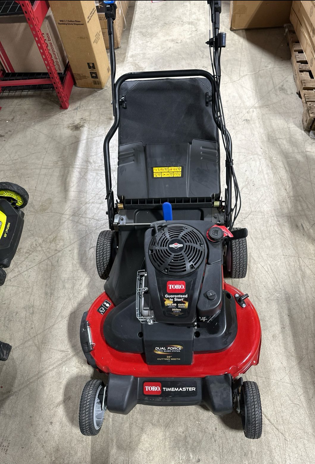 img_9863.jpeg Toro TimeMaster mower pallet — single pallet of Toro TimeMaster 223cc self-propelled walk-behind lawn mower units with 30-inch deck and Personal Pace