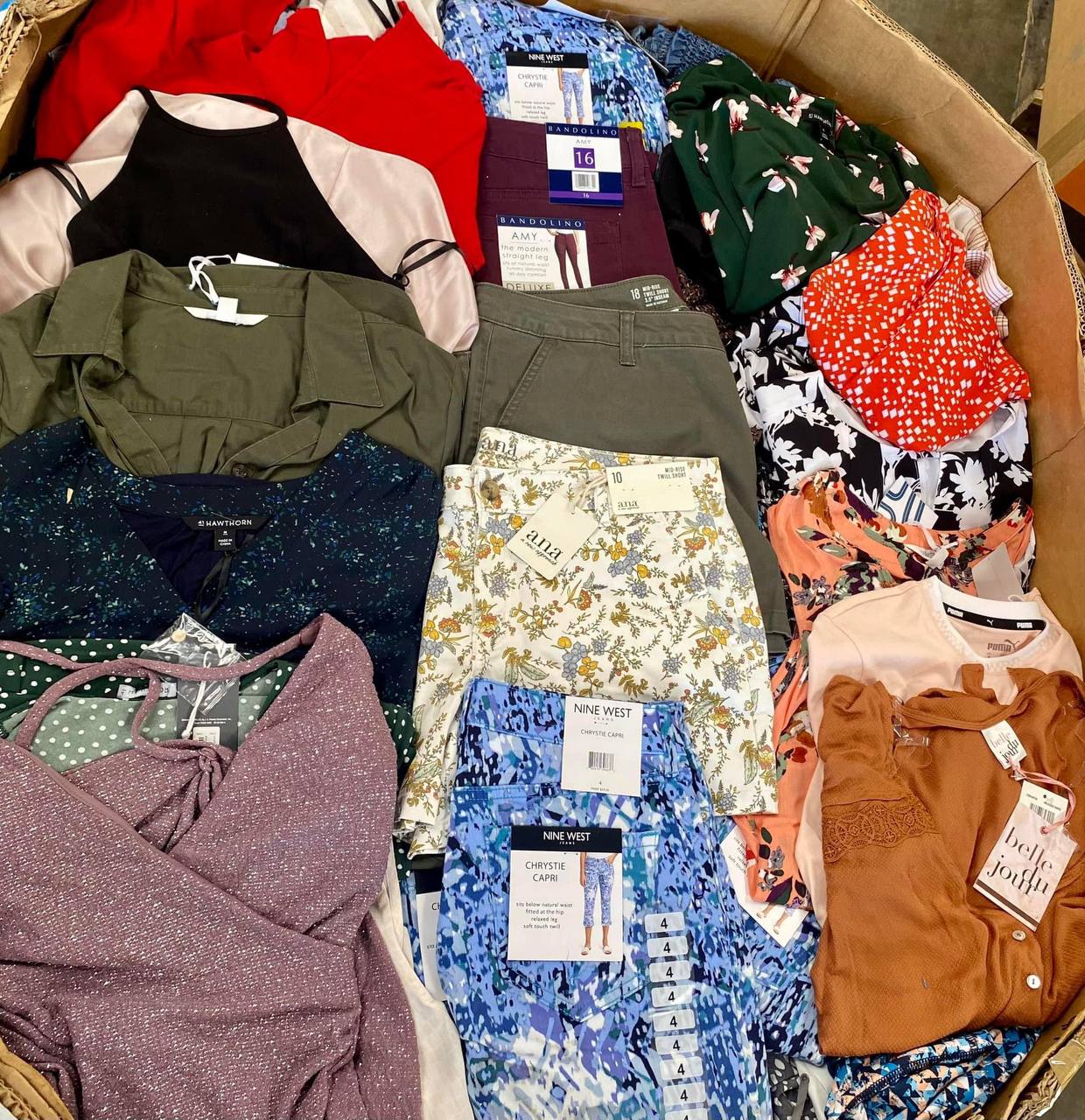Macy’s Women’s Clothing Liquidation Pallets Macys womens clothing liquidation pallet — wrapped pallet of 900 pieces of mixed Macys womens apparel including everyday wear, special occasion outfits, workwear, athletic wear, and casual pieces from brands like INC International Concepts, Lauren Ralph Lauren, Free People, Levis, Nike, and adidas