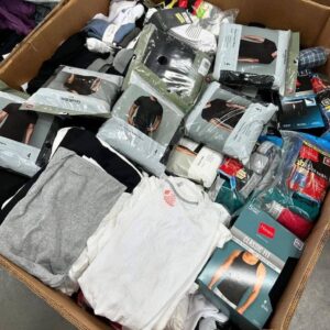 Men accessories pallet — single pallet of mixed-brand mens accessory inventory including wallets, belts, watches, sunglasses, ties, cufflinks, hats, and phone accessories