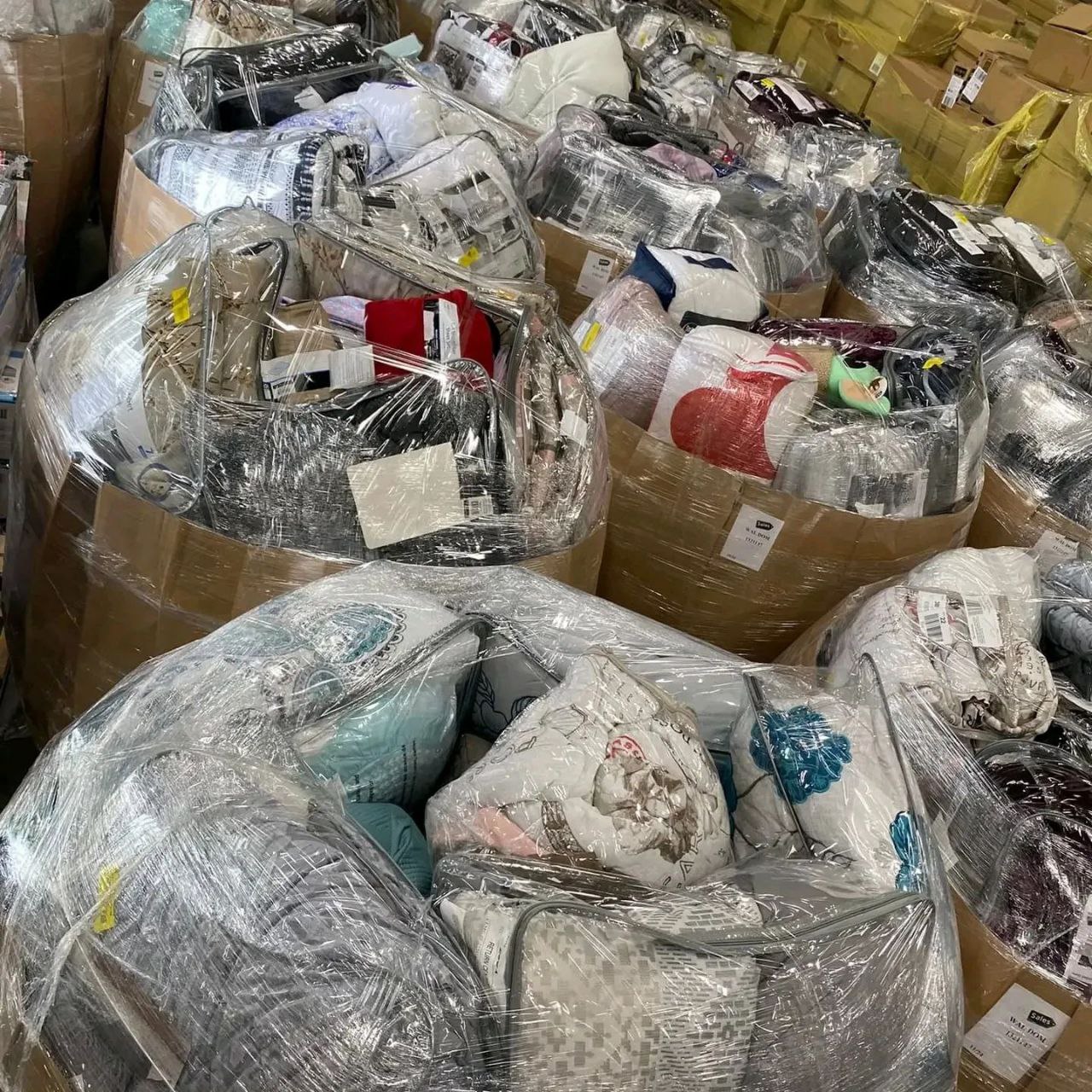Wholesale Bedding Sets Liquidation Pallets Bedding sets pallet of sheets comforters and linens wrapped for shipping from Save More Liquidations