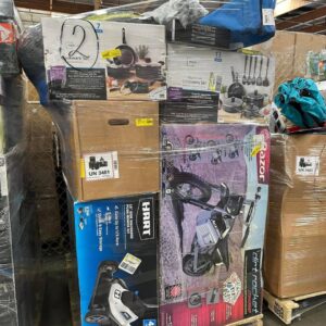 Walmart liquidation wholesale pallets — wrapped pallet of mixed Walmart inventory including electronics, toys, kitchenware, housewares, health and beauty, pet supplies, cleaning products, and tools at the $1,000 standard single-pallet tier