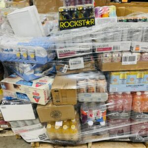 Mixed beverages pallet of assorted drinks shrink-wrapped for shipping from Save More Liquidations