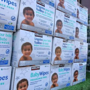 Baby wipes pallet of 500 packs of bulk baby wipes shrink-wrapped for shipping from Save More Liquidations