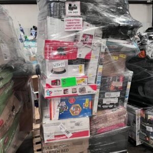 Target general merchandise wholesale pallet — wrapped pallet of 200-300 mixed Target items across home goods, electronics, health and beauty, apparel, toys, grocery, seasonal, and household categories, unmanifested condition