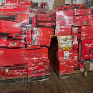 Milwaukee tool pallets for sale of bulk M18 and M12 tools and accessories stacked for shipping from Save More Liquidations
