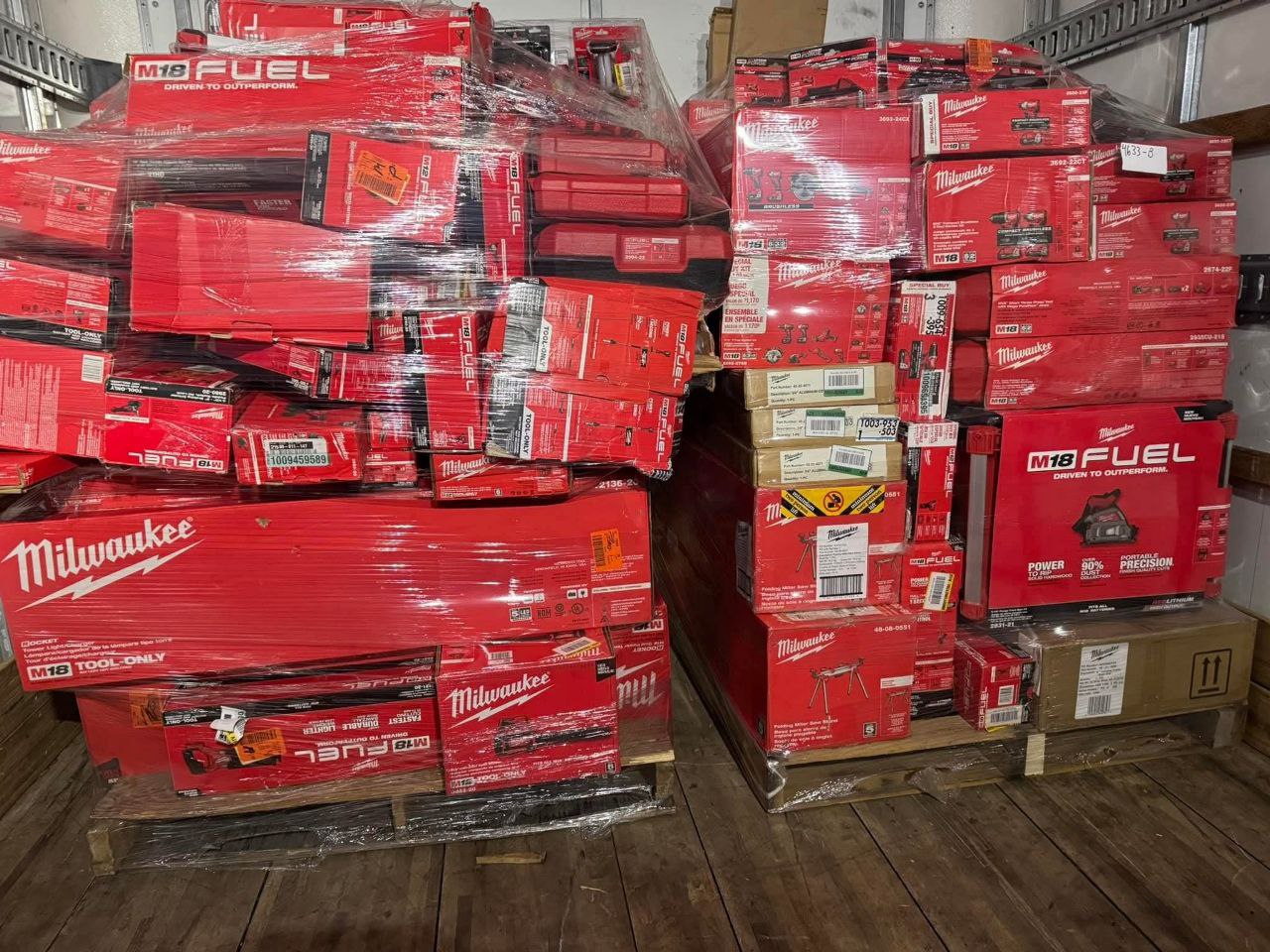 Buy Milwaukee Tool Pallets For Sale (Bulk Lots From $1,200) Milwaukee tool pallets for sale of bulk M18 and M12 tools and accessories stacked for shipping from Save More Liquidations
