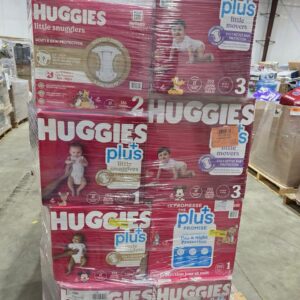 Pallet of diapers holding 90 boxes of bulk baby diapers shrink-wrapped for shipping from Save More Liquidations