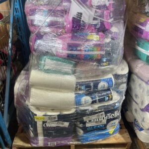 Pallet of toilet paper holding 1,920 rolls of bulk bath tissue shrink-wrapped for shipping from Save More Liquidations