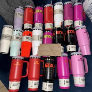 Stanley tumblers pallet of insulated drinkware wrapped for shipping from Save More Liquidations