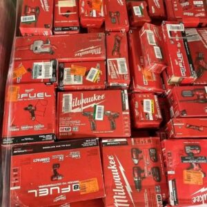 Milwaukee tools pallet of 150 M18 and M12 power tools and accessories stacked for shipping from Save More Liquidations