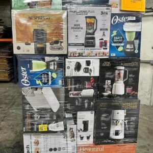 Kitchen appliance pallet of 200 small countertop appliances stacked for shipping from Save More Liquidations
