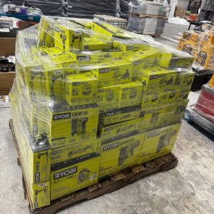 Ryobi tools pallet of 200 ONE+ 18V tools and accessories stacked for shipping from Save More Liquidations