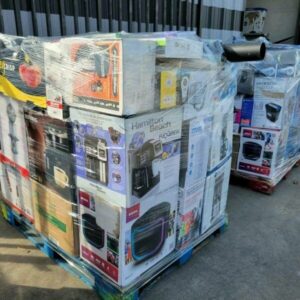 Wholesale electronics pallet of 200 mixed consumer-electronics units shrink-wrapped for shipping from Save More Liquidations