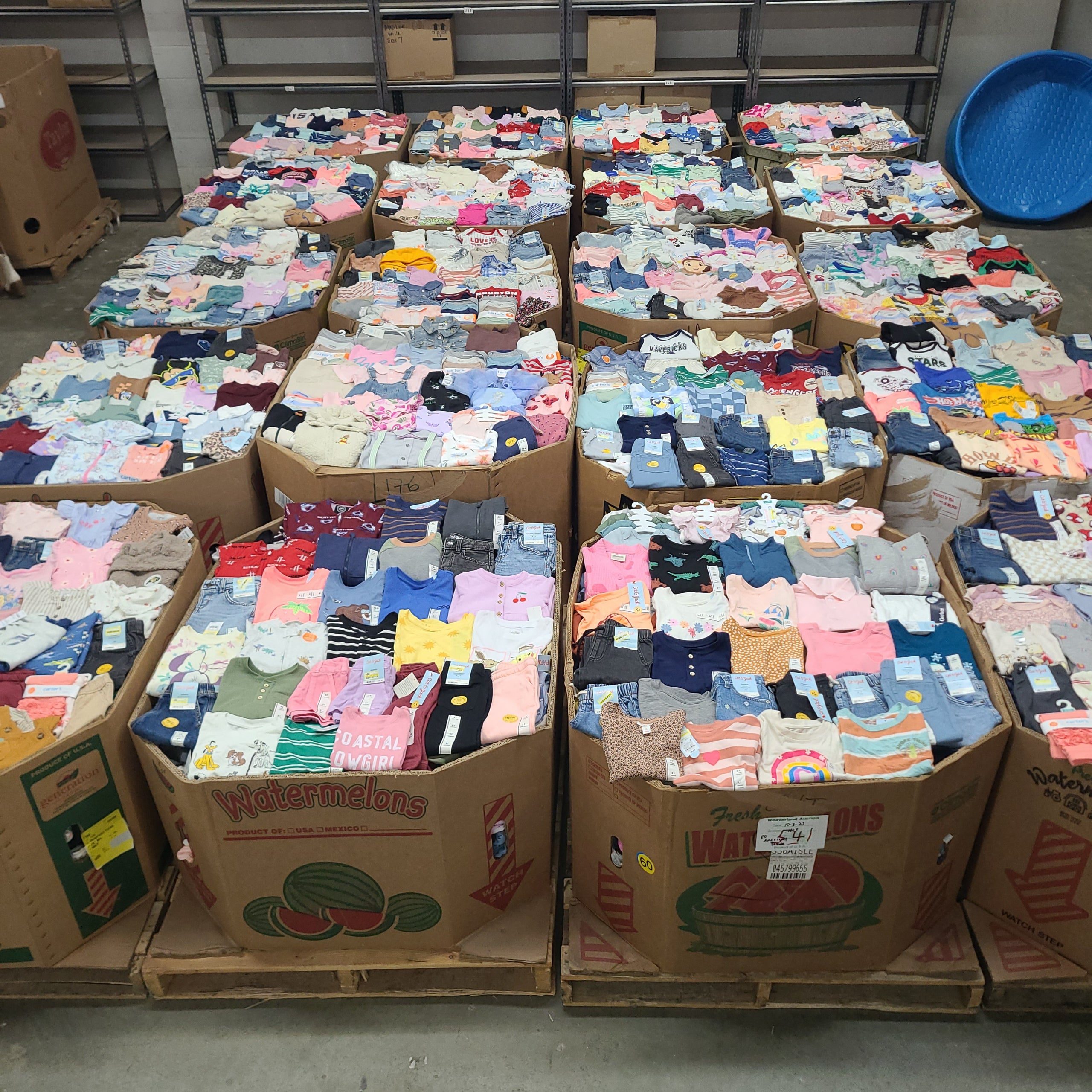 target-baby-toddler-clothes-900-1000-pieces.jpg Target baby and toddler clothes pallet — wrapped pallet of 1,400-1,600 mixed newborn-through-5T apparel pieces from Target's baby and toddler department, sets count as single pieces
