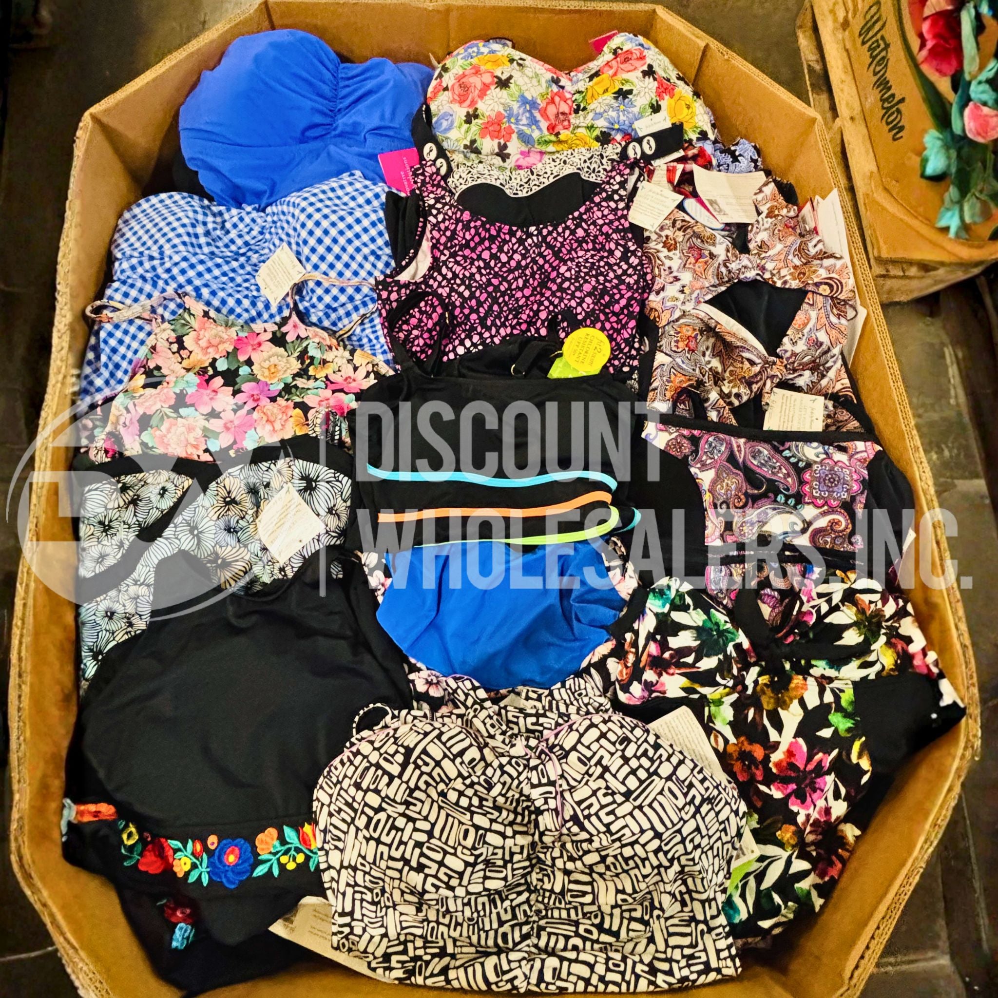 Apparel Ladies Swimwear Mix, Assorted Sizes (315 Pcs Per Pallet) Wholesale swimwear pallet of 315 pieces of ladies swimwear folded for shipping from Save More Liquidations