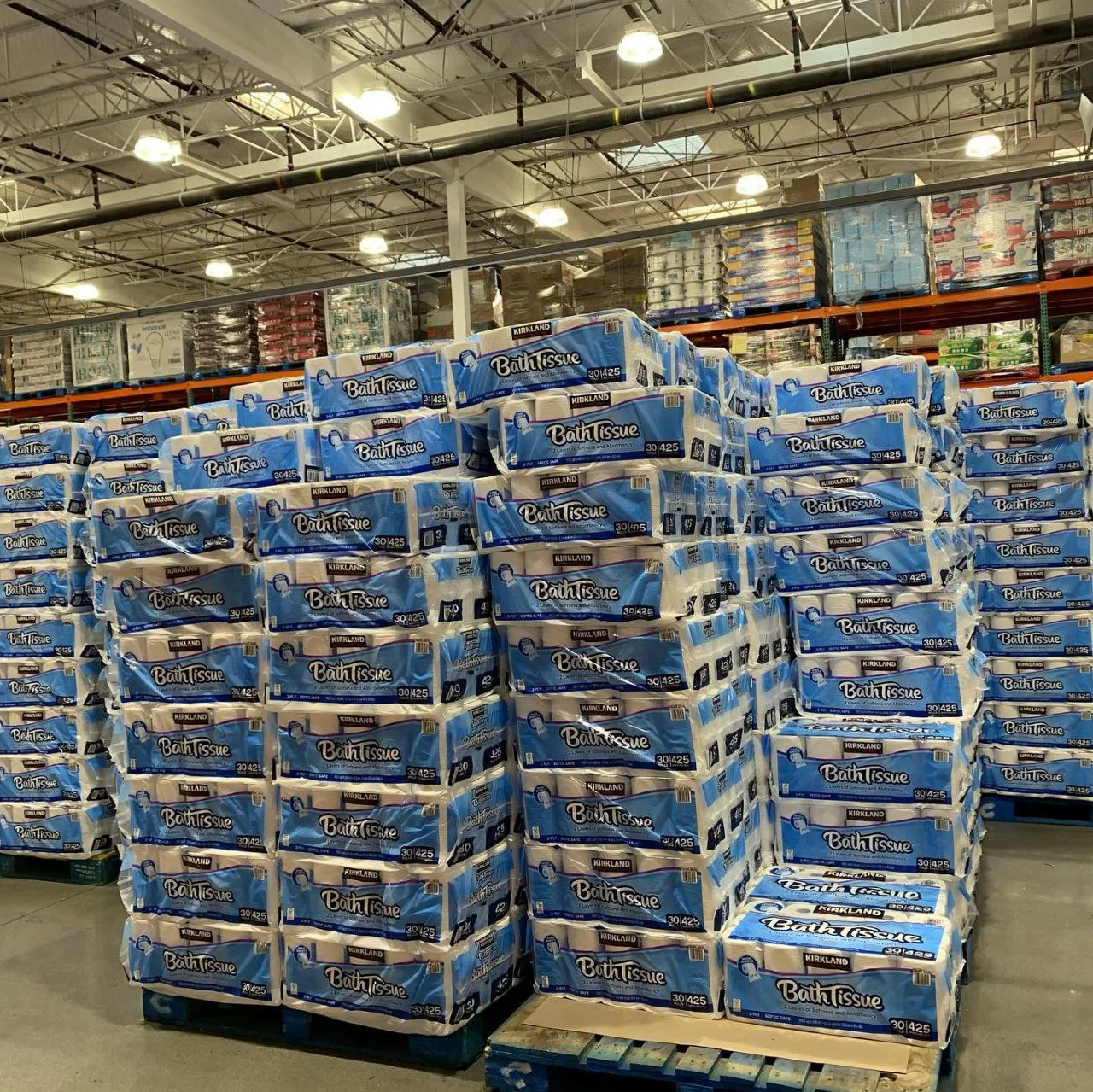Costco Toilet Paper Liquidation Pallets – Wholesale Costco toilet paper liquidation pallet — wrapped pallet of Costco bulk toilet paper from Kirkland Signature, Charmin, Scott, and Cottonelle brands sourced from Costco overstock, shelf pulls, and discontinued items
