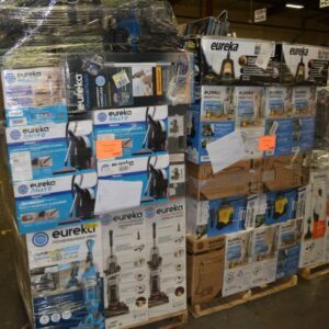 Vacuum cleaners pallet of upright stick and robot vacuums wrapped for shipping from Save More Liquidations