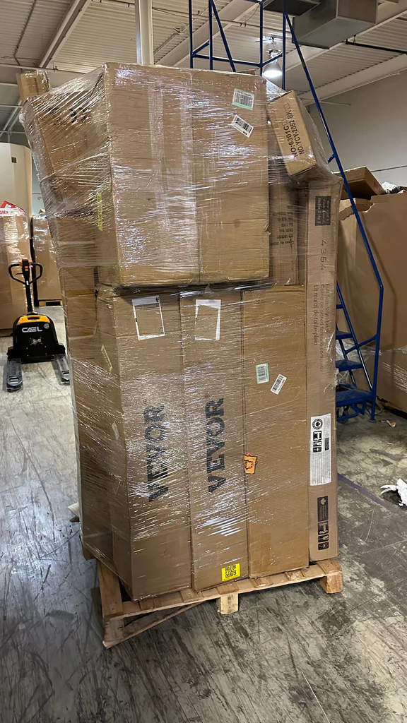 VEVOR Tools Liquidation Pallets – Wholesale VEVOR tools pallet of liquidation tools and equipment wrapped for shipping from Save More Liquidations